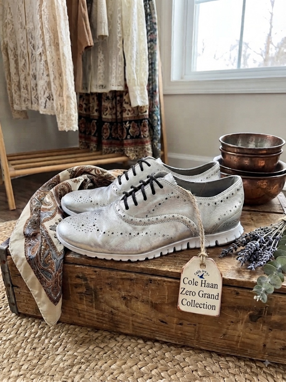 Cole Haan ZeroGrand Silver Metallic Brogue Oxfords Women’s Size 6 Boho Chic